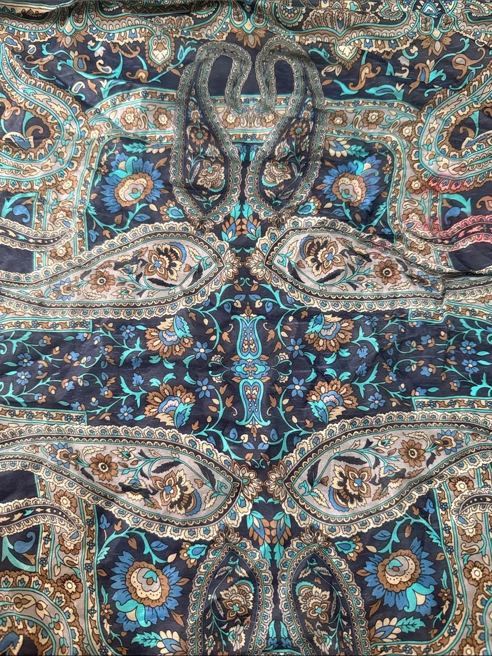 Zara Vintage Navy Paisley Floral Silk Scarf 🧣 with Teal and Tan Accents 25” Sq